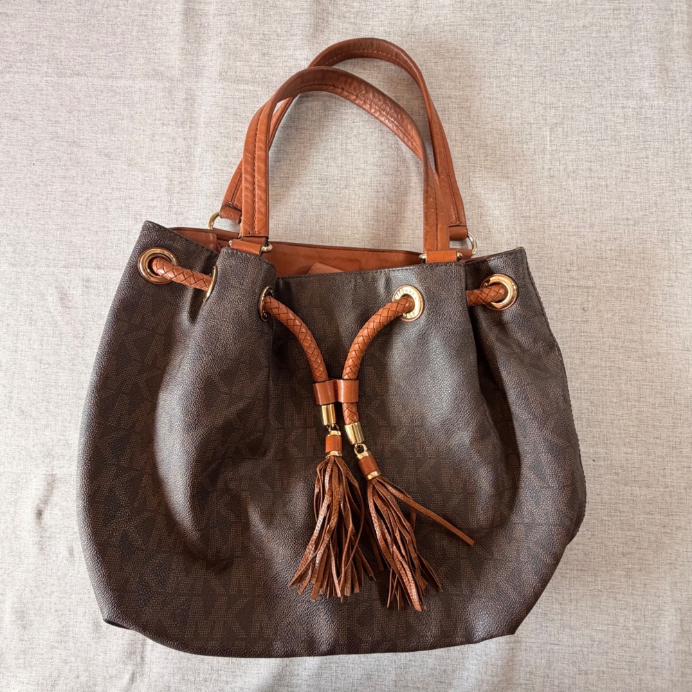 Michael Kors Brown Monogram Canvas Leather Tassel Shoulder Bag Gold Hardware